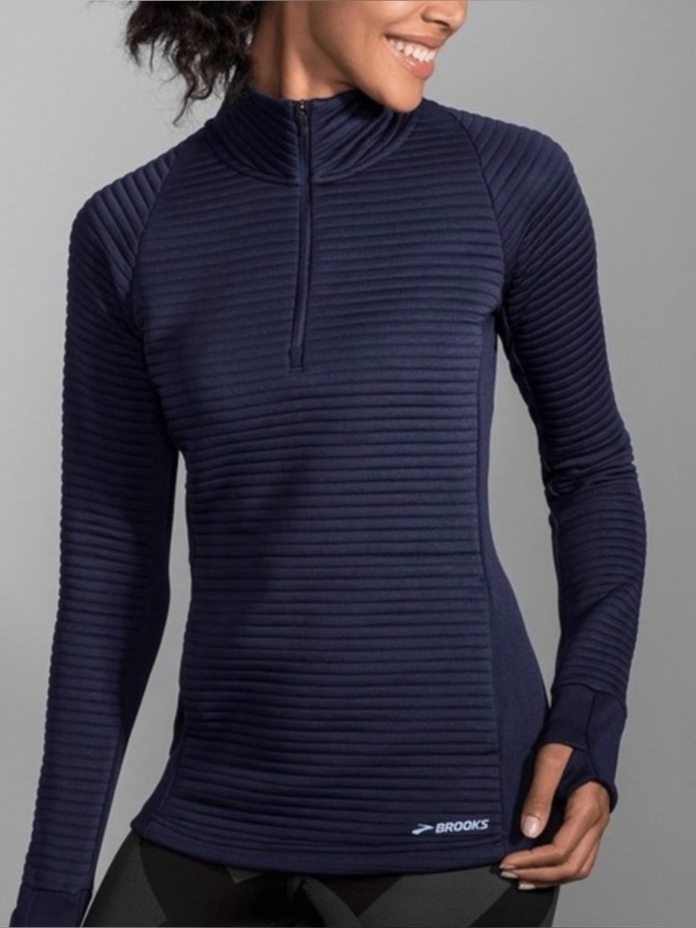 Brooks | Navy Blue Ribbed Quarter Zip Pullover, S